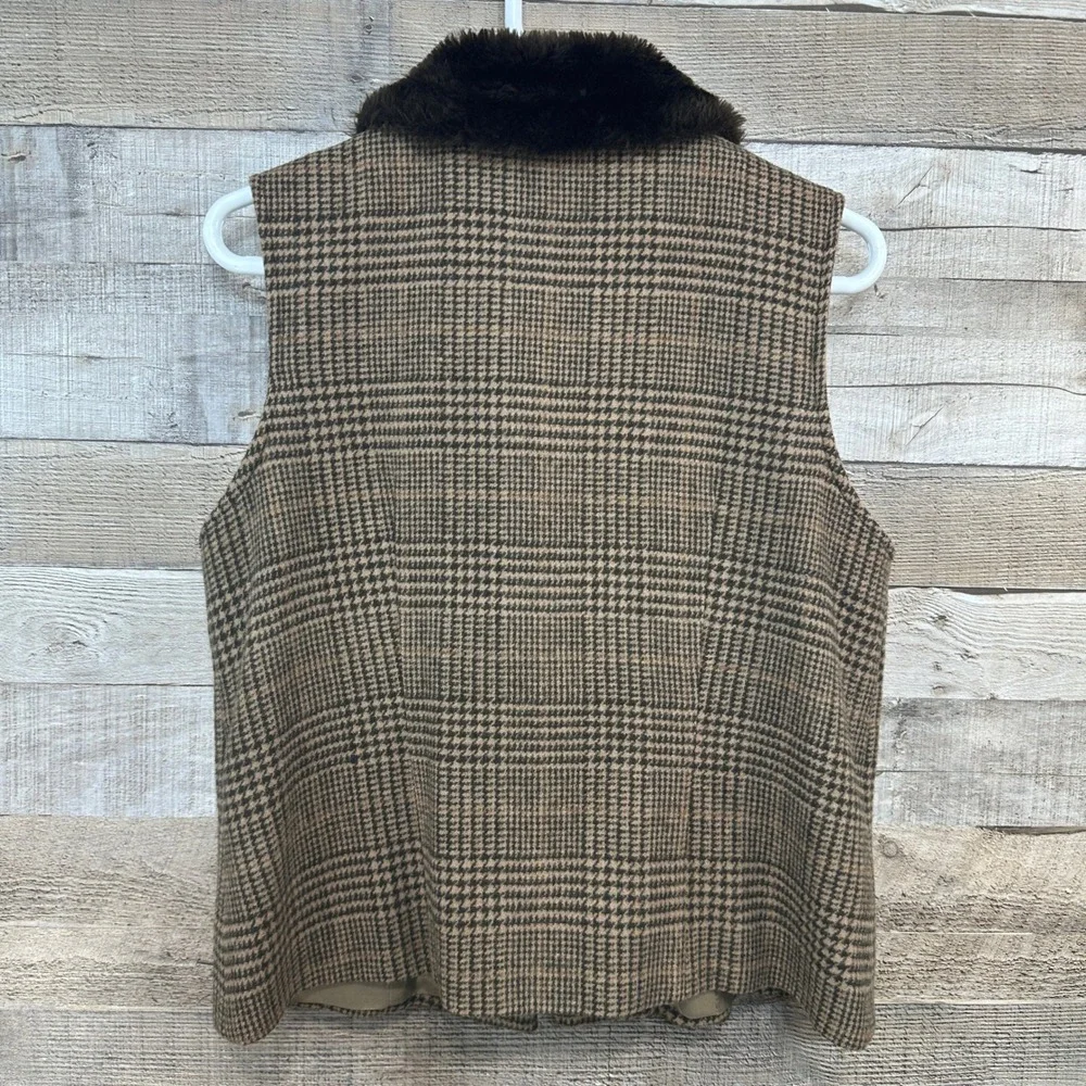Coldwater Creek Womens Brown Tan Plaid Wool‎ Blend Faux Fur Collar Zip Vest 12